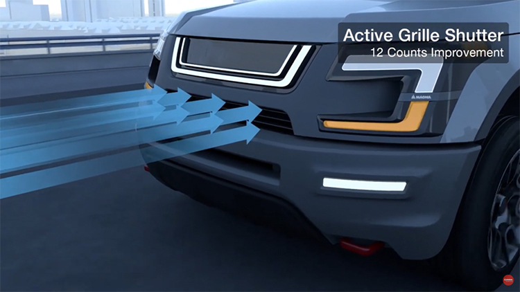 Picture of the front of a vehicle driving down a road showing how the active grille shutter works