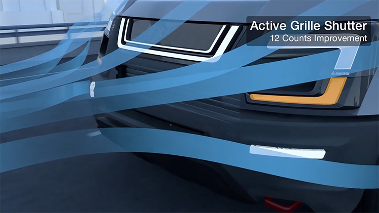 Picture of the front of a vehicle driving down a road showing how the non-visible active griller shutter works
