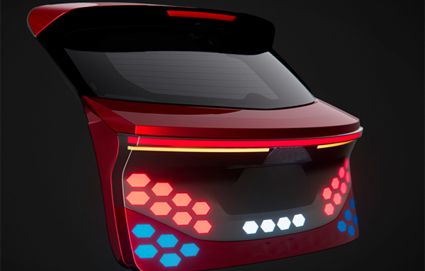 Picture of a red liftgate with red, blue and white tail lights
