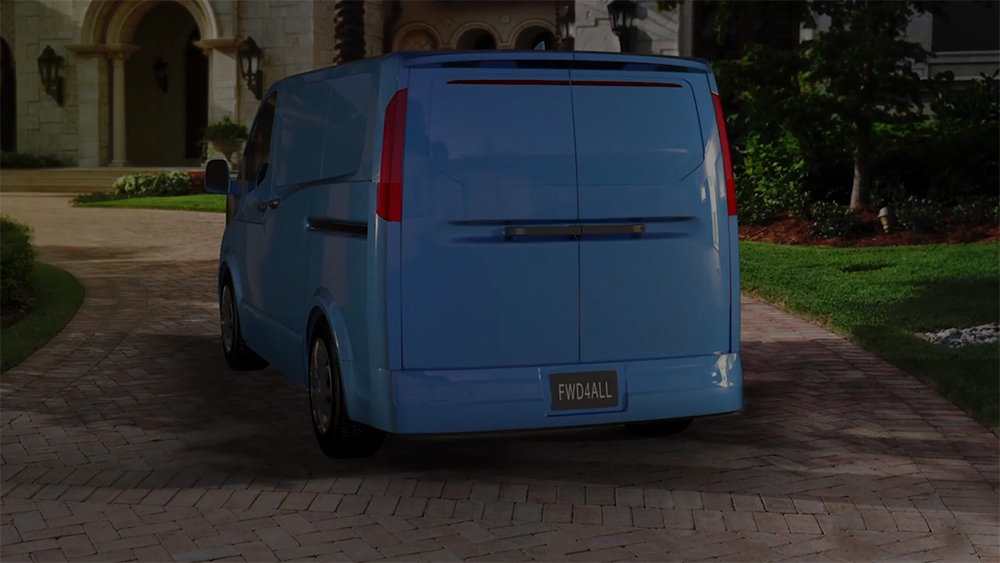 Blue van with thermoplastic swing doors closed parked in a driveway